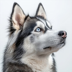 Obraz premium Close-up of Siberian Husky head with striking blue eyes, black coat with white markings, erect ears, attentive or curious gaze Soft, diffused lighting and blurred background suggest po - AI-Generated