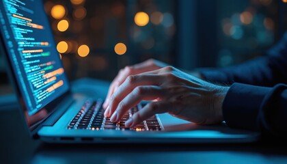 Close-up of hands typing code on laptop keyboard. support engineer provides software solutions, database management, digital tech services. Programmer works with code in dark office at night.