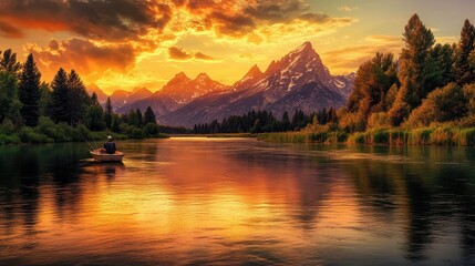 Fisherman Casting Lines on Snake River at Sunset in Grand Teton National Park, Wyoming