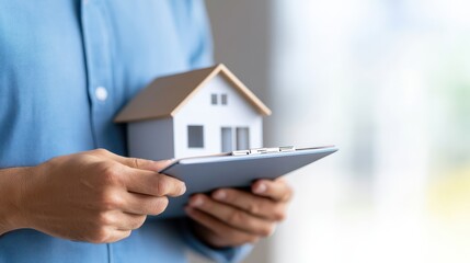 Man holding tablet with house image, exploring real estate, property search, and mortgage options in the digital age