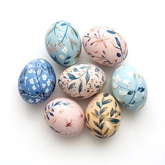 Six Pastel Easter Eggs with Floral Designs Decorated for Spring Celebration