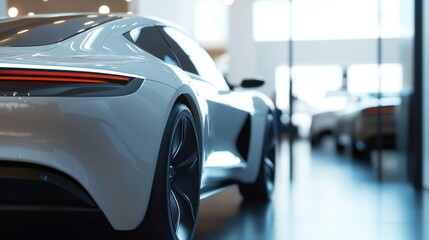 A car showroom showcasing electric luxury coupes. Featuring elegant design and cutting-edge technology