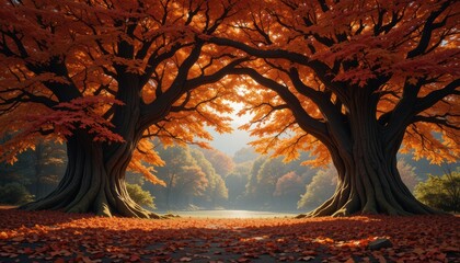 The Stunning Nature of Autumn Background with Bright Red and Orange Leaves Golden Trees Soft Sunlight Covering the Ground and a Scenic Forest Pathway Creating a Breathtaking Fall Landscape for a Peace