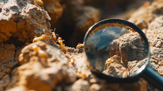 Closeup of termite workers on weathered wood  magnified view of tiny insects in their nest