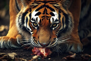 Naklejka premium Ferocious Tiger Devouring Prey: A Wilderness Encounter with Nature's Majestic Predator