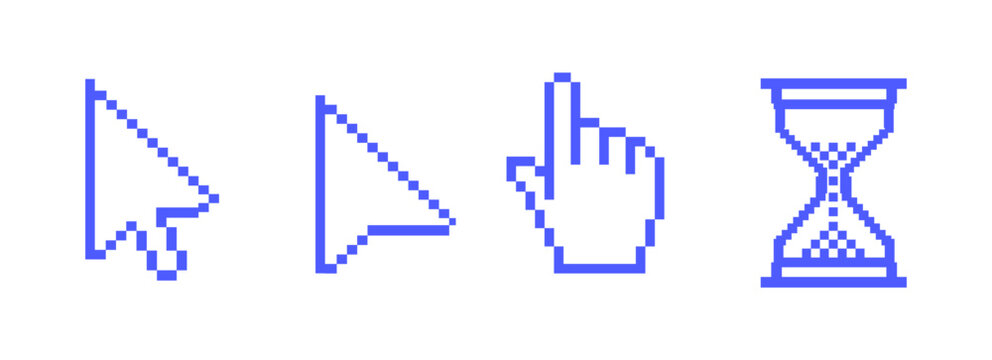 pixel mouse click cursor. Load symbol.pixel Pointer cursor and loading icon. old Cursors icons click set. Clicking cursor, pointing hand clicks icons.