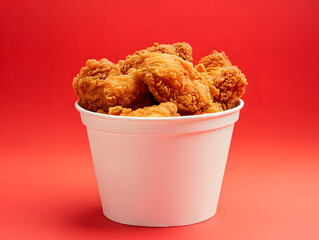 White paper bucket filled with chicken nuggets on a red background, a food advertising concept