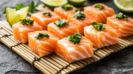 A close-up shot of expertly sliced salmon sashimi resting on a bamboo mat, with delicate garnishes of shiso leaves and lime wedges, showcasing the artistry of Japanese cuisine.