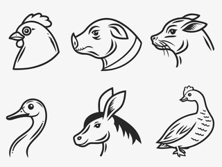 Minimalist Farm Animal Icons – Black and White Line Art of Livestock Illustrations.