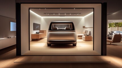 Fototapeta premium A car showroom showcasing electric luxury minivans. Featuring spaciousness and sustainability