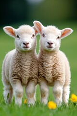 Naklejka premium Two adorable lambs standing close together in a vibrant green meadow during sunny springtime