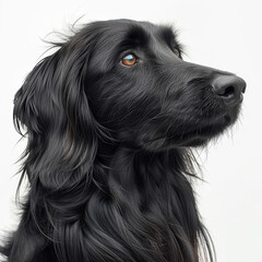 Close-up of a well-groomed, attentive adult dog with a dark, glossy coat against a light background - AI-Generated
