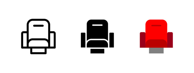 Armchair seat icon. Comfortable seating symbol. Cinema and theater vector illustration. Premium lounge and auditorium pictogram. Relaxation and entertainment venue concept.