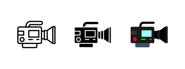 Video camera icon. Professional recording equipment symbol. Digital media production vector illustration. Filmmaking and cinematography pictogram. Studio and broadcast technology concept.