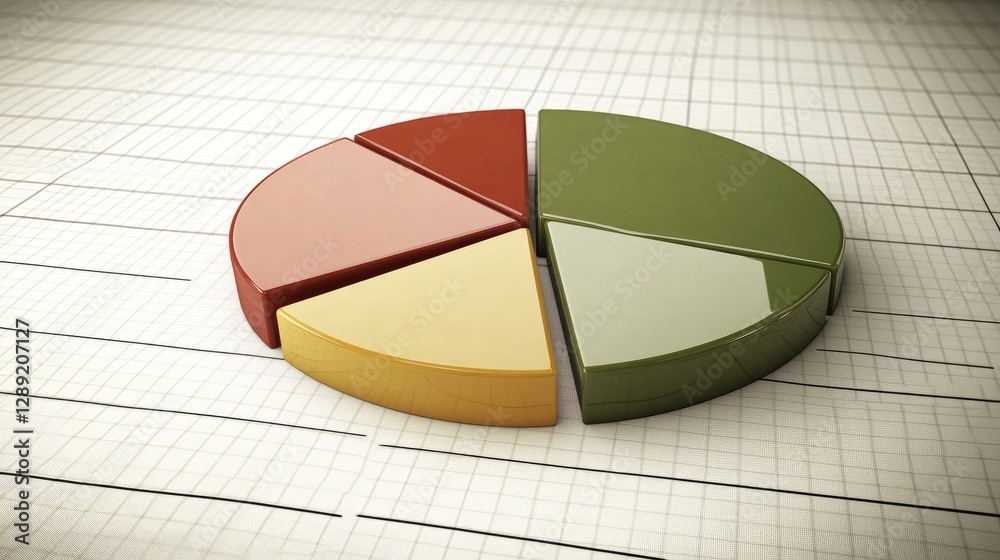 Poster a colorful d pie chart with floating, glossy segments, each representing different business metrics.