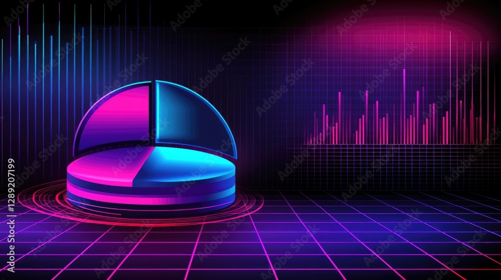 Poster a colorful d pie chart with floating, glossy segments, each representing different business metrics.