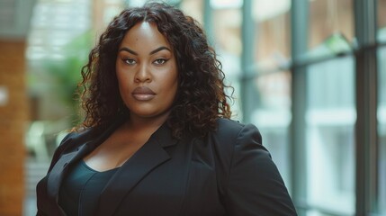 Confident curvy black woman in black blazer posing in modern office portrait image. African american female empowering pose picture. Plus size fashion model concept photo realistic