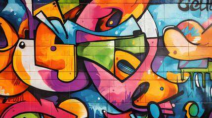 Fototapeta premium Colorful graffiti art on a city wall with vibrant street art and urban landscape background. Vibrant Street Graffiti Wall. Illustration