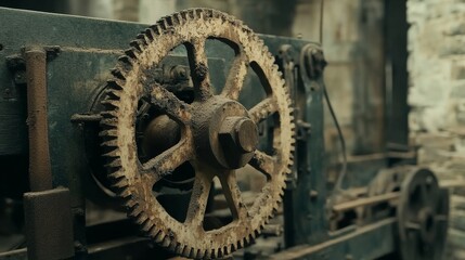 Obraz premium Old Rusty Gear Mechanism in Abandoned Industrial Setting
