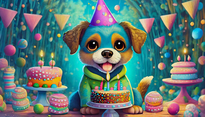 Naklejka premium oil painting style cartoon character illustration baby dog with birthday cake 