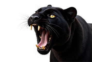 Roaring black panther head, intense close-up portrait with yellow eyes, sharp canine teeth and detailed fur. Isolated on transparent background. Use for wildlife, strength, or dramatic design.