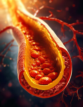 Human artery problems clogged with bad cholesterol sediment. Atherosclerosis disease medical concept. Red blood cells blocked by plaque buildup of fatty compound as symbol of vascular illness