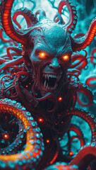 Fototapeta premium Mystical creature with glowing eyes and tentacles in a surreal environment during twilight hours