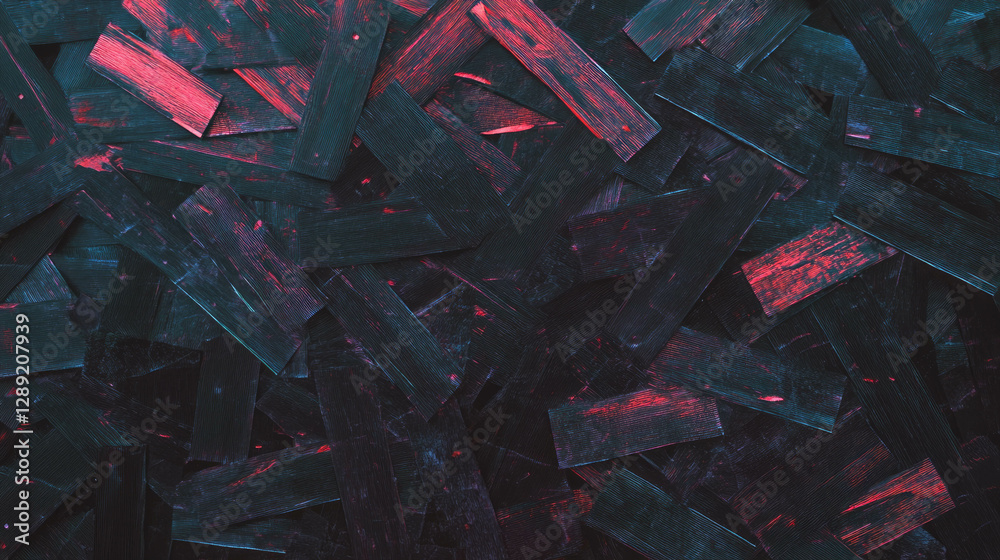Poster Abstract texture of osb with cross directional strands in vibrant dark and red tones
