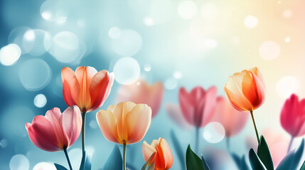 Obraz premium Tulip flowers on magic blue background, place for text