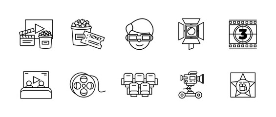 Cinema icon set. Film reel, ticket, popcorn and camera symbol collection. Vector icons for movie theater, entertainment, production and filmmaking industry. Cinema and movie theater concept.