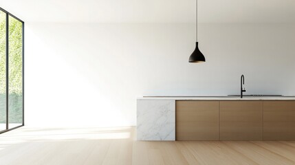 Bright and spacious kitchen features modern design with wooden a