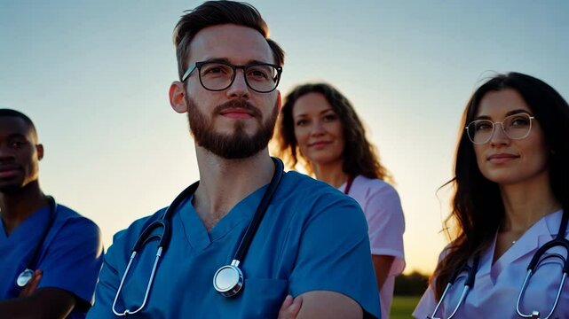 Diverse medical team sunset portrait, hopeful future
