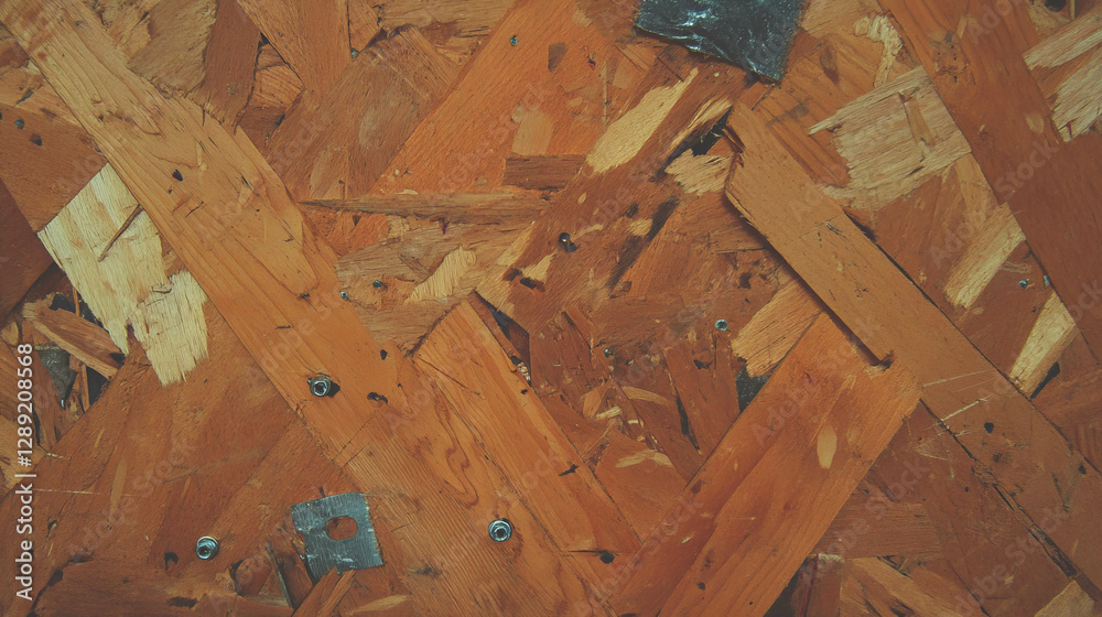 Poster industrial osb texture with embedded screws and metal elements for construction design