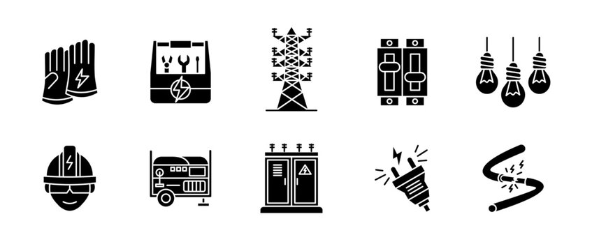 Electricity icon set black. Power generation, energy and electrical components collection. Voltage, transmission, electrician tools and safety vector illustration. Engineering and industry glyph.