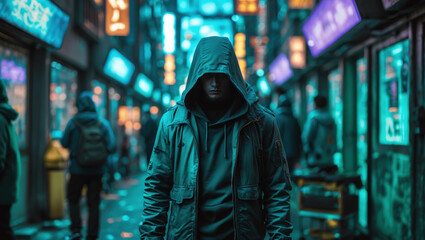 Mysterious figure stands in vibrant city alley illuminated by neon lights at night