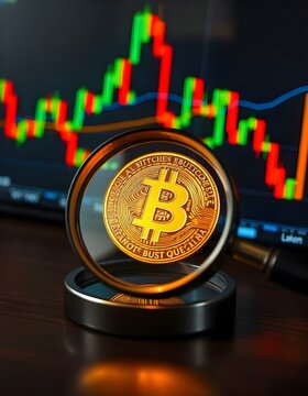 A magnifying glass focusing on a bitcoin symbol among fluctuating stock charts 