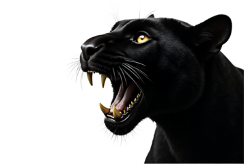 Black Panther Roar Portrait. Intense close-up of a roaring black panther head with piercing yellow eyes, isolated on transparent background. Powerful wildlife imagery for designs, mascots,