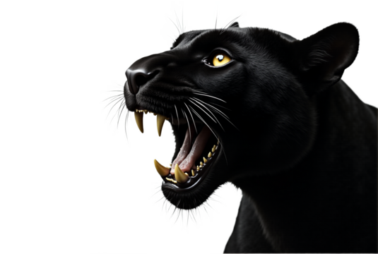 Black Panther Roar Portrait. Intense close-up of a roaring black panther head with piercing yellow eyes, isolated on transparent background. Powerful wildlife imagery for designs, mascots,