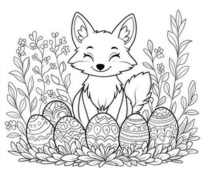 Obraz premium A friendly fox coloring Easter eggs, coloring page for kids, simple outline illustration. Coloring book.