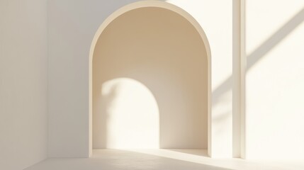 Fototapeta premium White arch for photo shoots and advertising. Arch in a minimalist style. Background for products. Sunlight passes through the arch, creating a pleasant atmosphere for photography