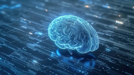 Illuminated brain circuitry, futuristic vision of artificial intelligence and technological innovation