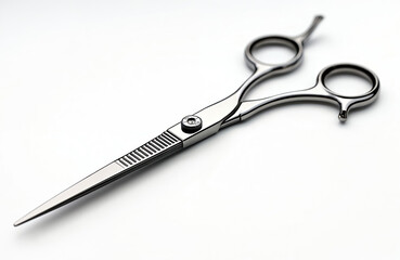 Fototapeta premium Metal hairdressing scissors. Stainless steel sharp shear with ergonomic design. Pro salon barber tool for haircutting. Quality hair styling accessory on white background.