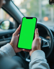 Hands holding a smartphone with a green mock-up screen inside a car, with a sharp foreground and blurred background, symbolizing technology and mobility.