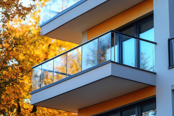 Fototapeta premium A modern vinyl railing on a balcony, clean and functional, urban setting