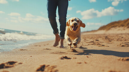 Happy dog running on beach with owner