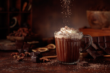 Hot chocolate topped with whipped cream and sprinkled with chocolate chips.