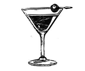 Martini glass stencil vector, retro illustration, distressed texture, transparent background, cocktail design, grunge bar art, vintage drink icon