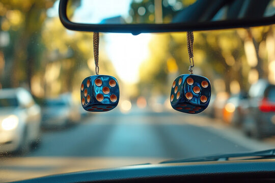 A pair of fluffy dice hanging from a car rearview mirror, retro and playful, automotive theme