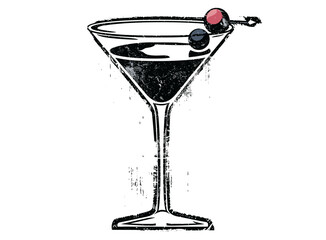 Martini glass vector retro stencil illustration, distressed grunge texture, isolated on transparent background, cocktail design, vintage drink illustration, bar graphic