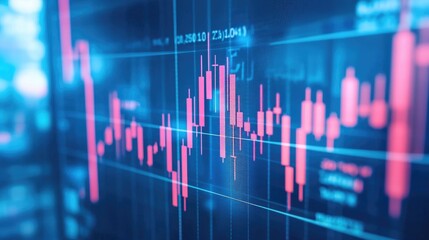 A dynamic stock market chart with colorful lines and rising bars, representing bullish trends. The background features digital data grids and scrolling ticker symbols.